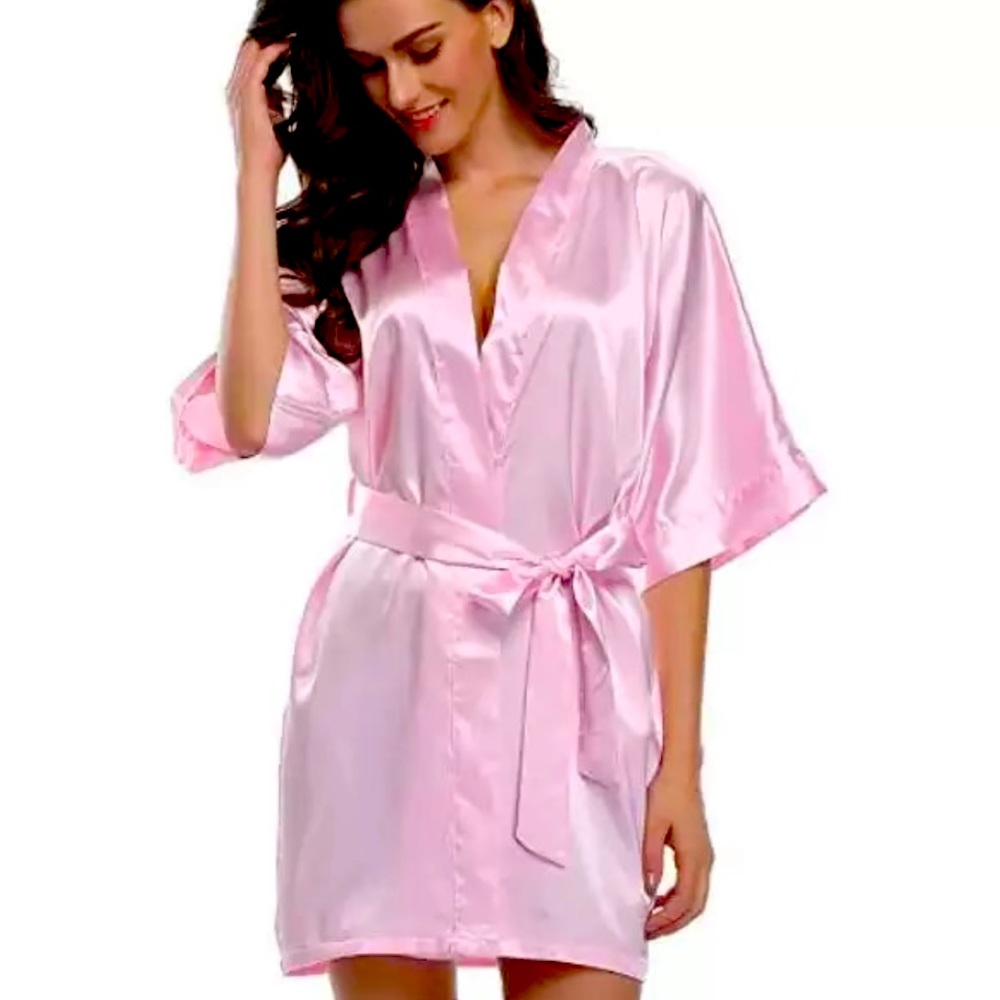 Pink Satin Kimono Robe Short Silky Lounge Wear Bridal Spa Sleepwear